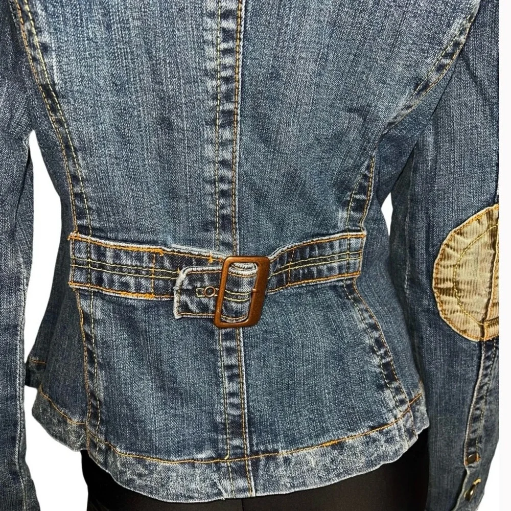 Vigoss Jeans Distressed Corduroy Patches Blue and Tan Utility‎ Denim Jean Jacket